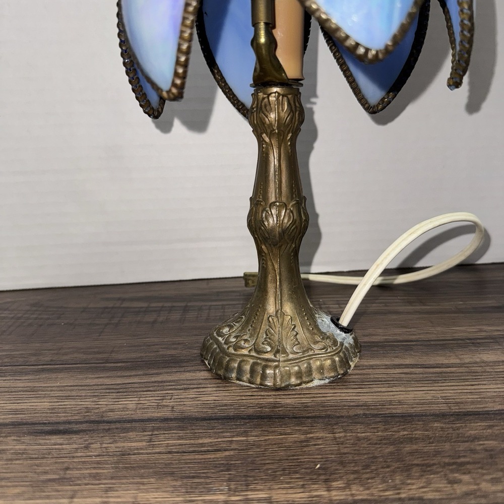 Vintage Meyda Tiffany Lighting 11.5" H Petal Bud Mini Lamp Blue Opal Brass - Picture 6 of 12